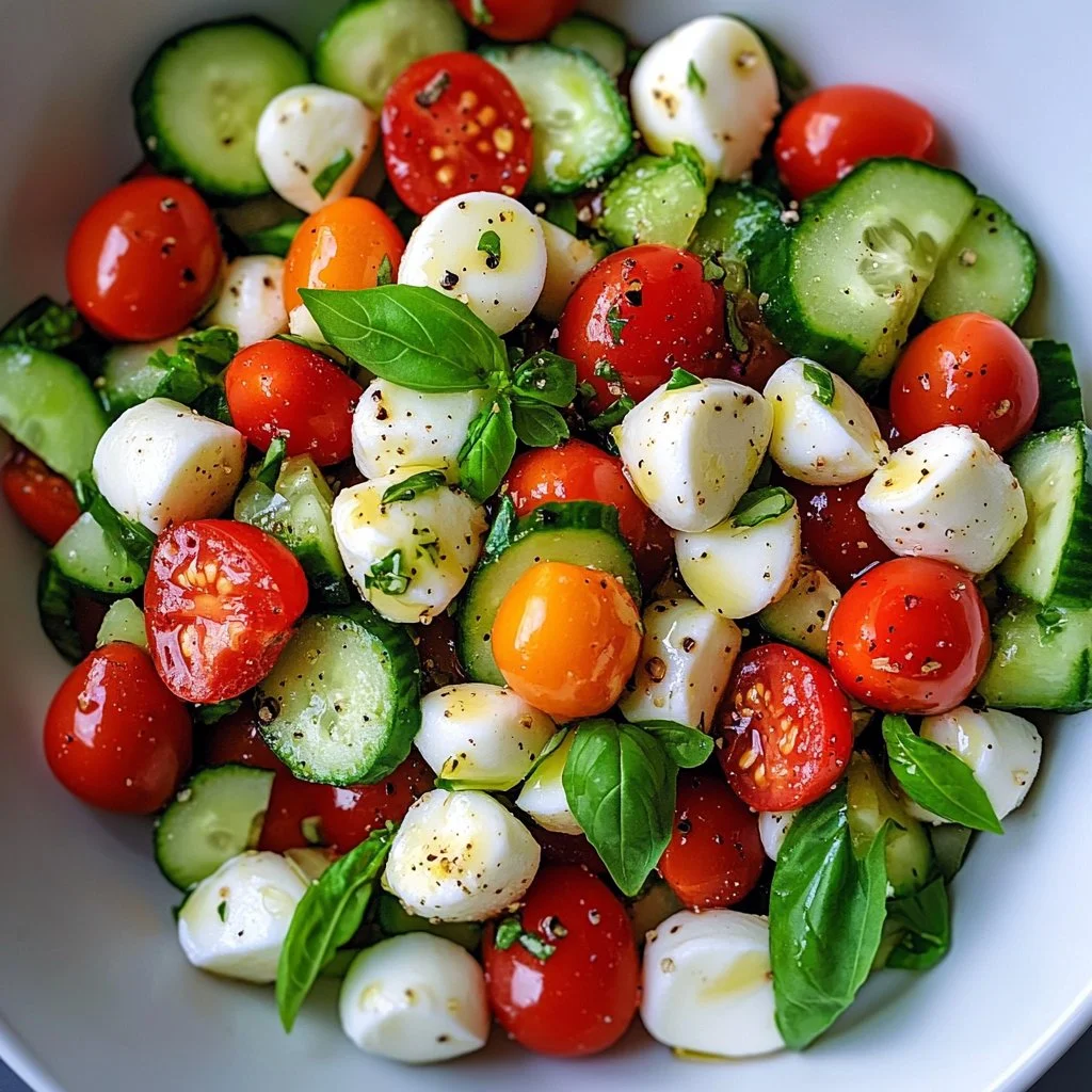 Juicy Cucumber Caprese Salad with cucumbers, tomatoes, and mozzarella cheese