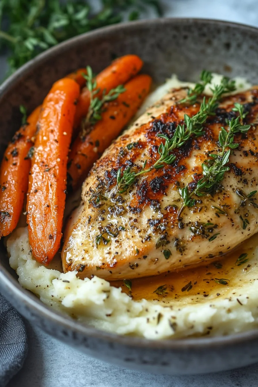 Garlic Herb Chicken with Creamy Mash & Roasted Carrots