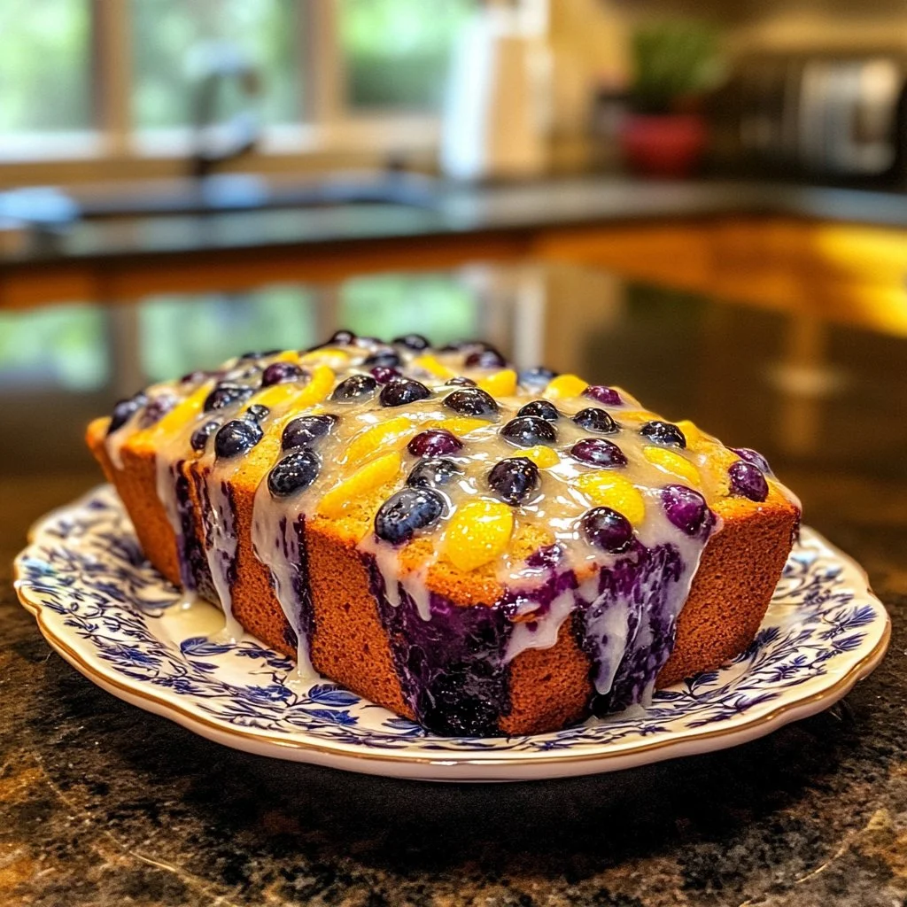 Lemon blueberry loaf with lemon glaze on a rustic table