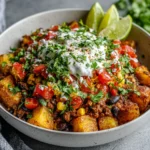 Delicious loaded potato taco bowl topped with fresh ingredients