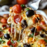 Low Carb Pizza Casserole topped with cheese and pepperoni in a baking dish