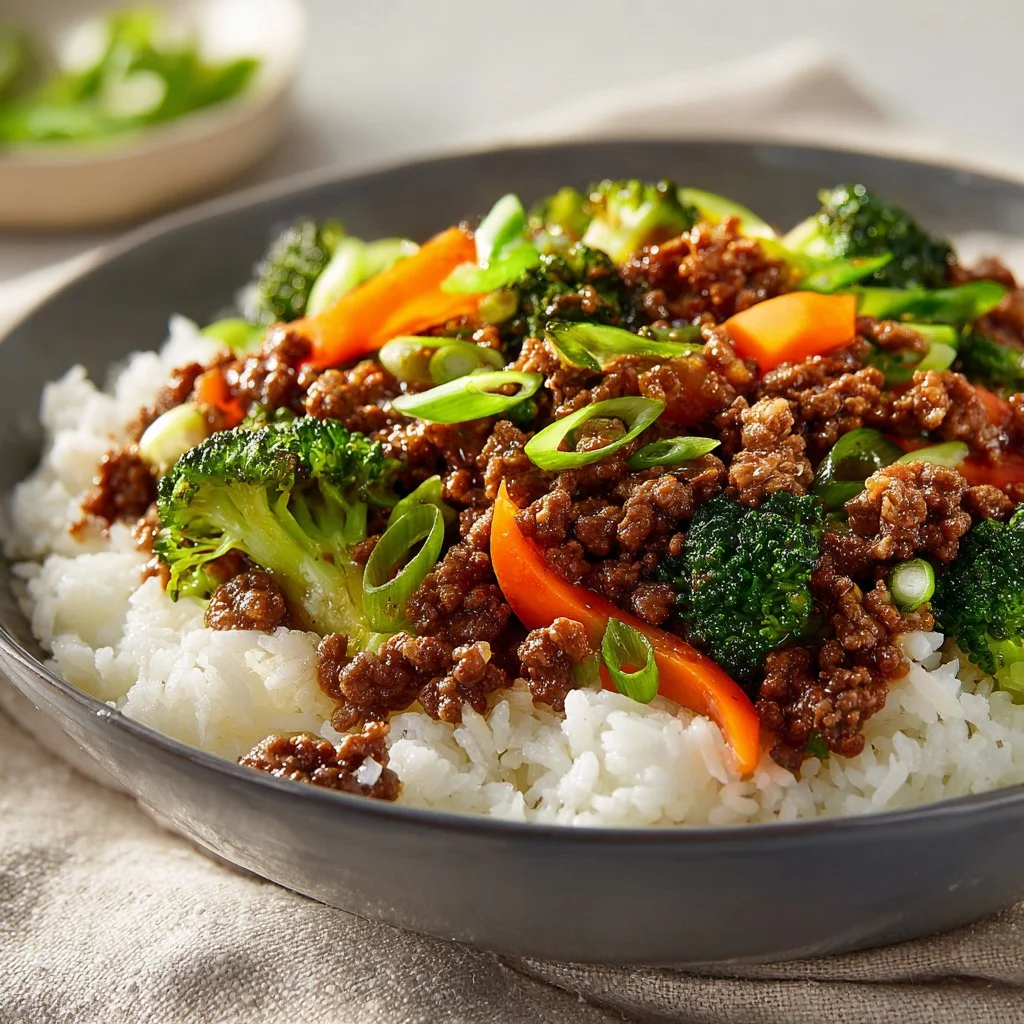 Delicious Meal Prep Ground Beef Teriyaki served with rice and vegetables