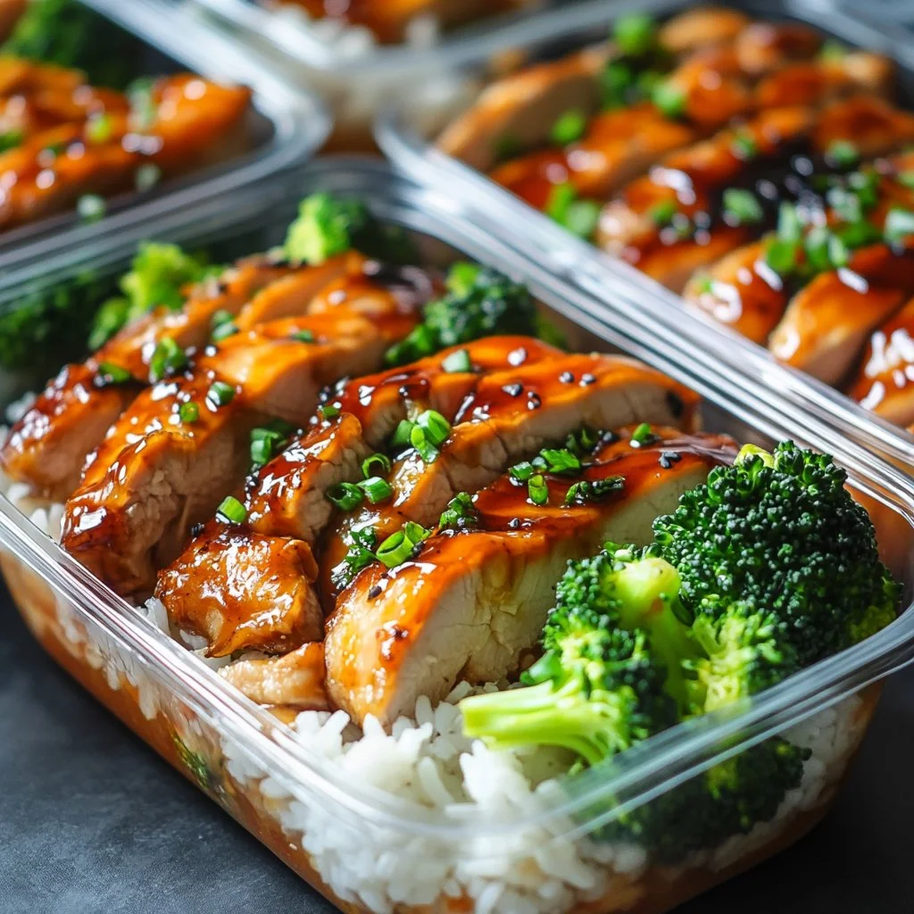 Meal prep teriyaki chicken bowls with colorful vegetables and rice