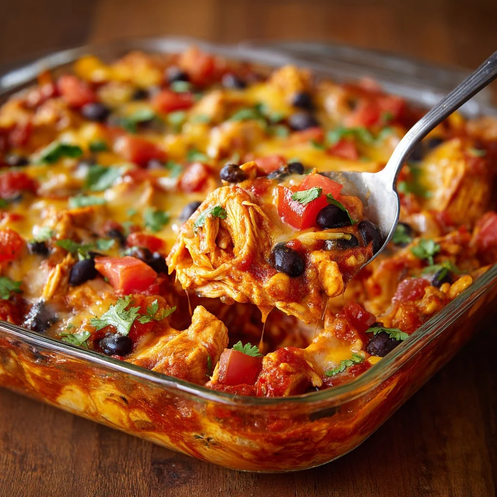 Delicious Mexican chicken casserole topped with cheese and spices