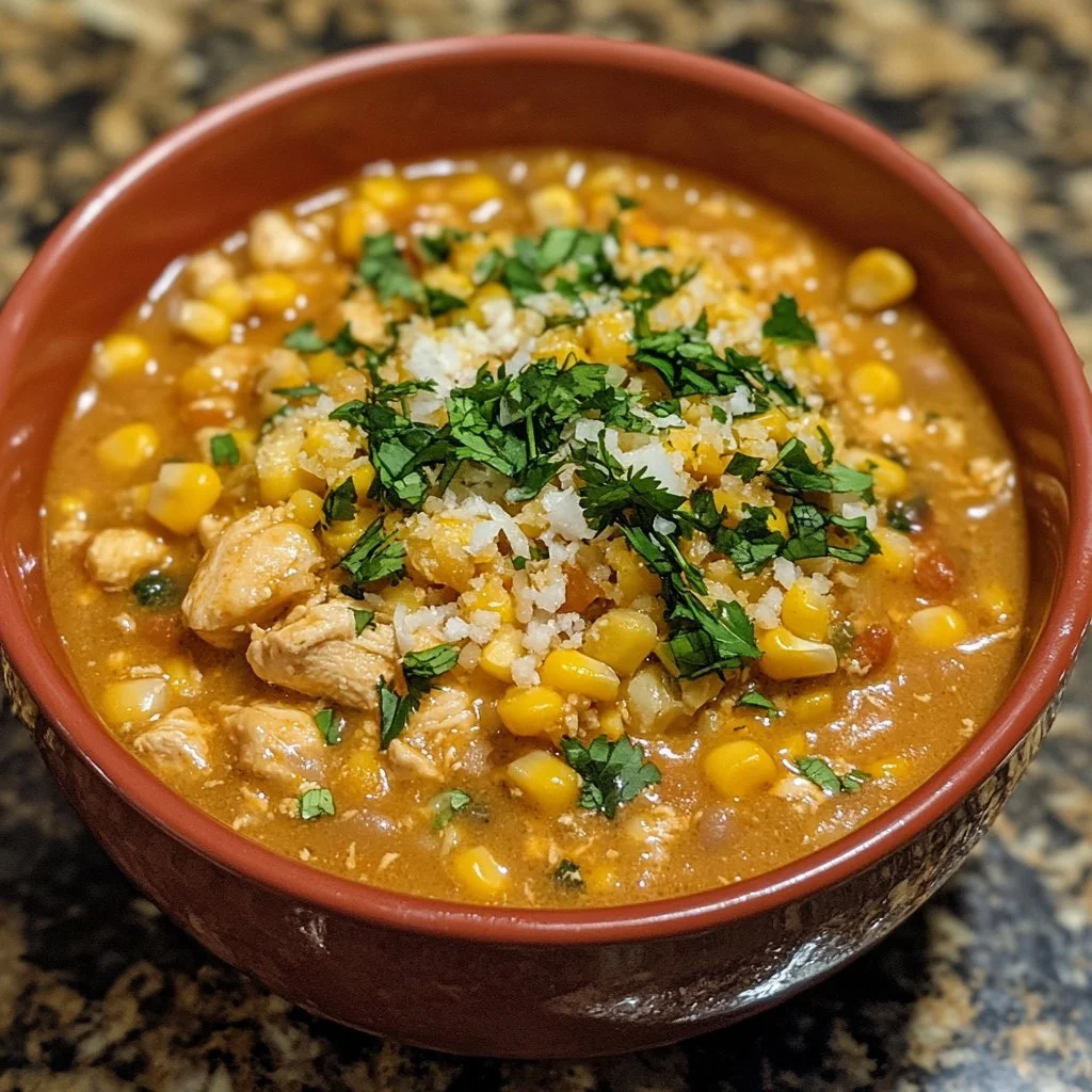 Creamy Mexican Street Corn White Chicken Chili in a bowl with fresh toppings