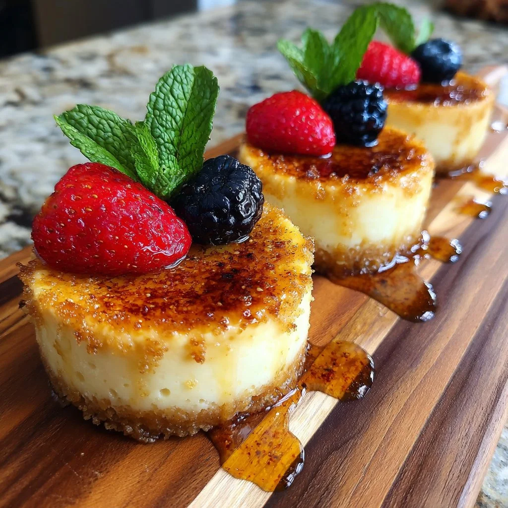 Delicious mini crème brûlée cheesecakes with caramelized sugar topping