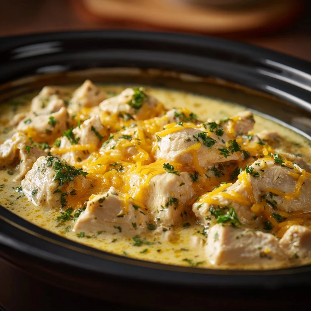 Creamy ranch chicken dish prepared in a crockpot, garnished with herbs.