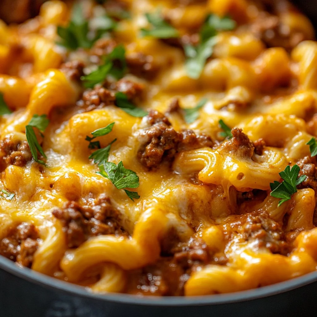 One pot chili mac and cheese served in a bowl with a sprinkle of cheese on top.