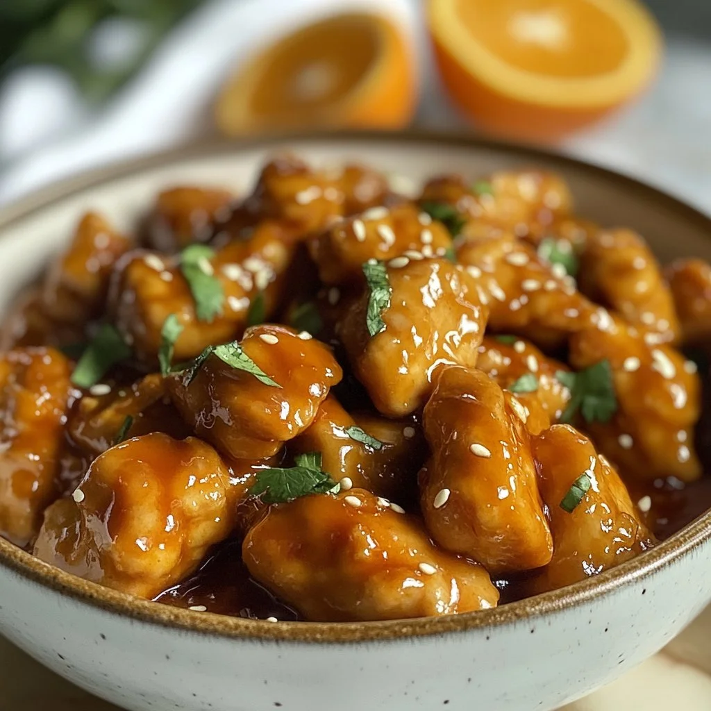 Delicious orange chicken served with vibrant sauce and garnished with green onions.