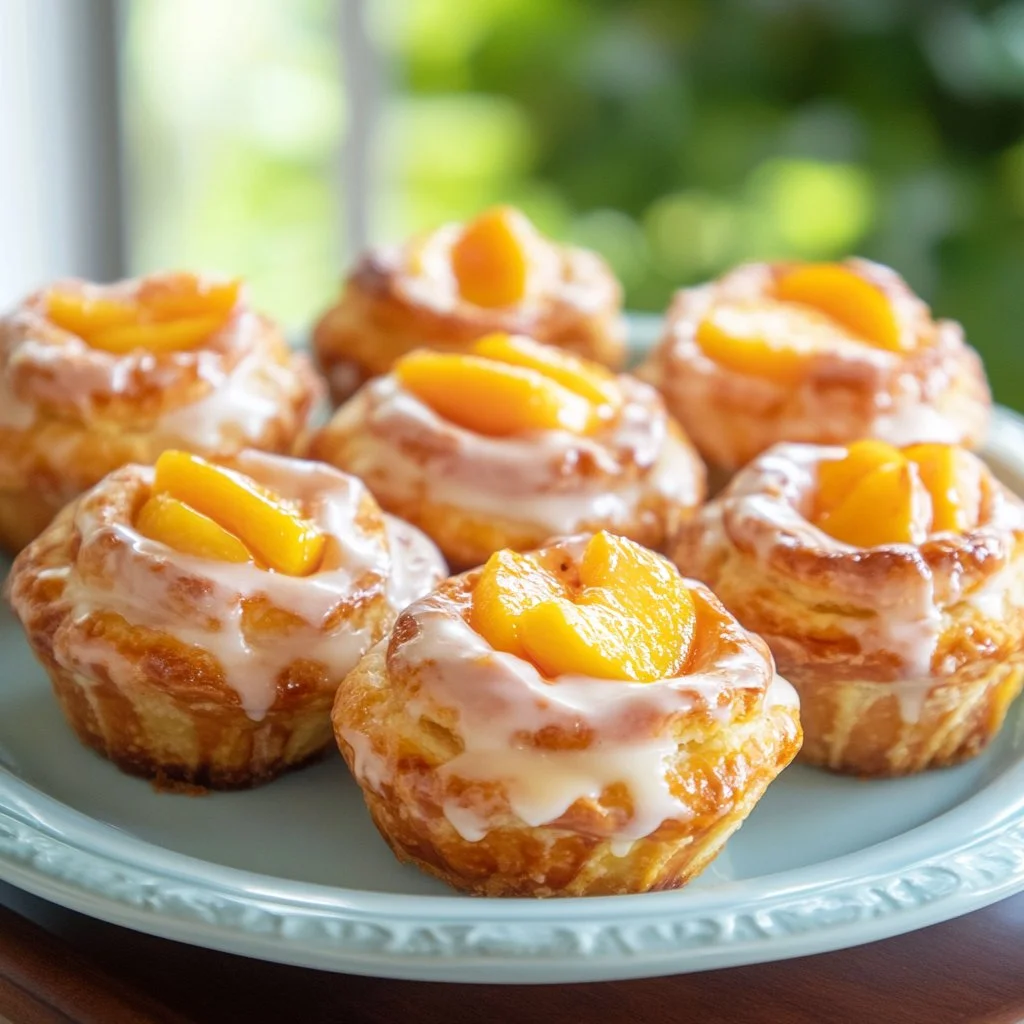 Peach Pie Cruffins served on a plate, showcasing a delicious pastry filled with peach.