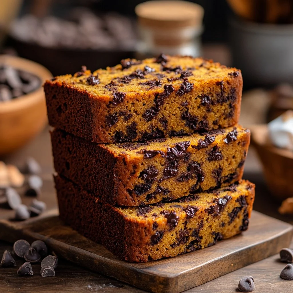 Delicious slice of pumpkin chocolate chip bread topped with chocolate chips
