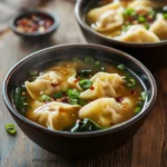 Bowl of quick and easy wonton soup with fresh ingredients and herbs