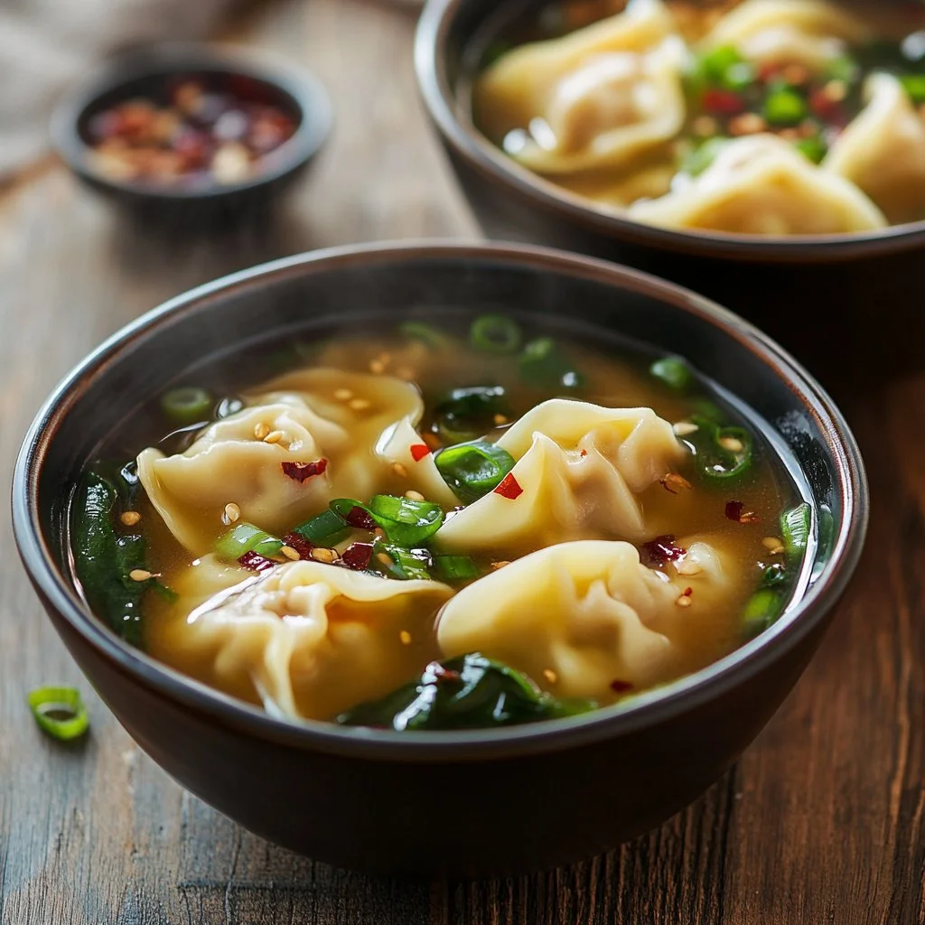 Bowl of quick and easy wonton soup with fresh ingredients and herbs