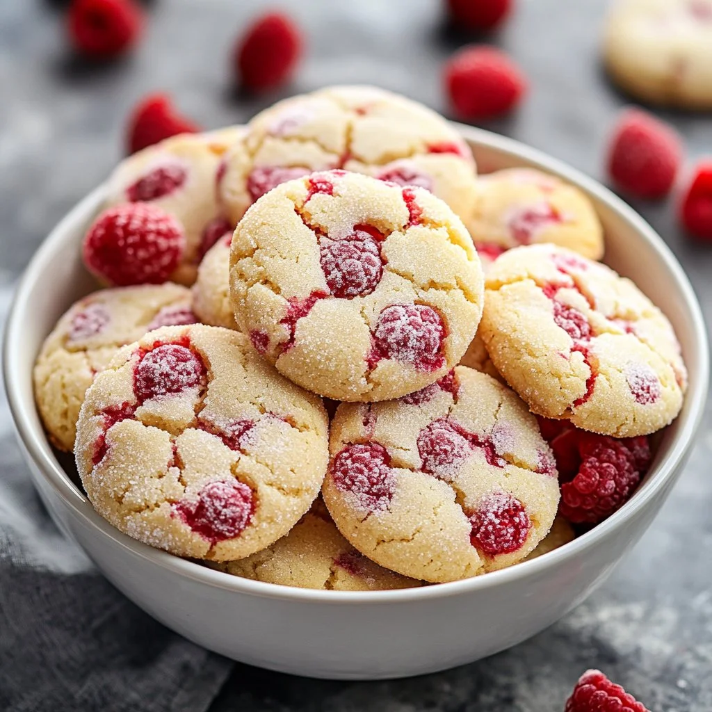 Plate of freshly baked raspberry sugar cookies with a vibrant color and texture