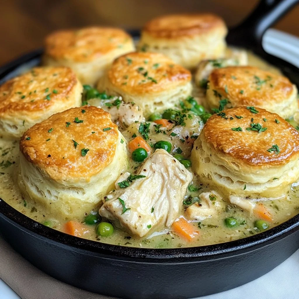 Red Lobster Biscuit Chicken Pot Pie served in a skillet with flaky biscuits