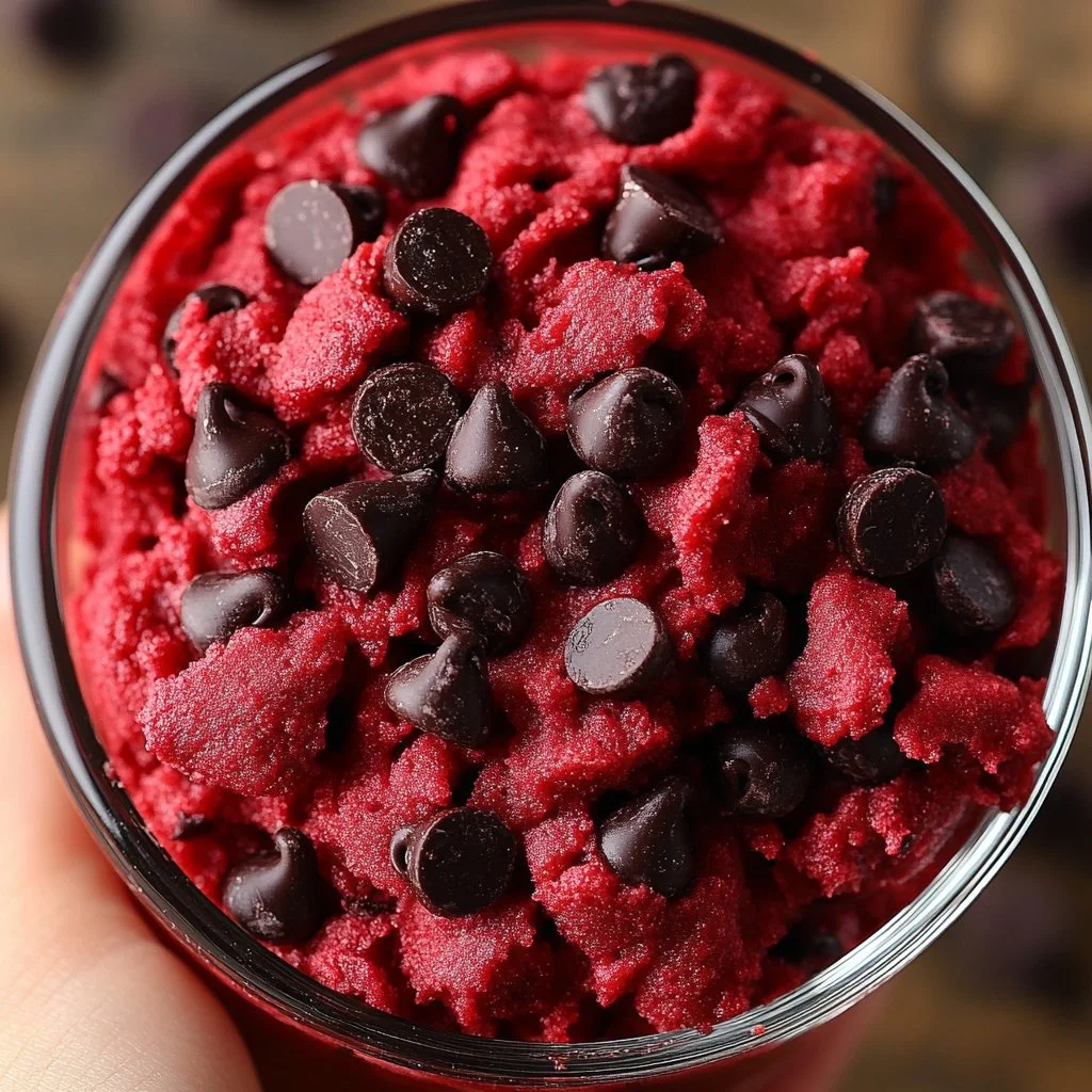 Delicious Red Velvet Edible Cookie Dough ready to enjoy without baking