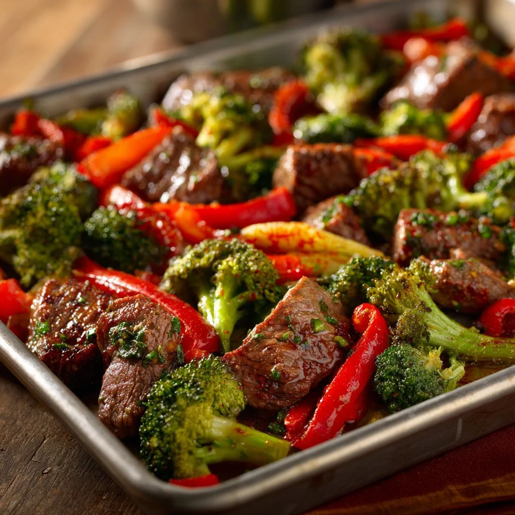 Sheet pan garlic butter steak with roasted vegetables for a quick dinner.