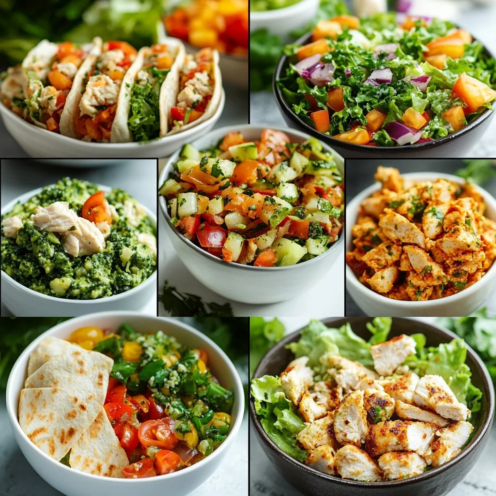 Bowl of Simple Pesto Chicken Salad with fresh ingredients and vibrant colors