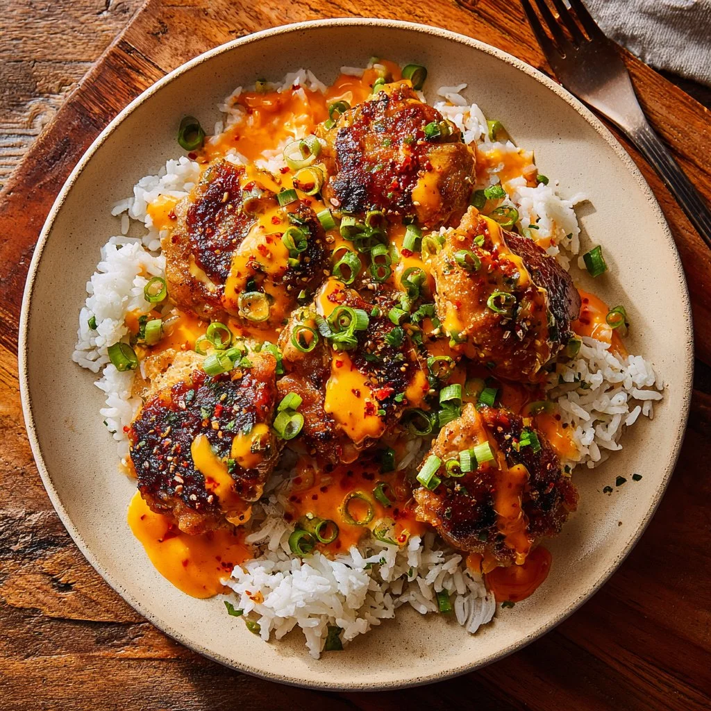 Delicious Skillet Bang Bang Chicken Thighs served with sauce and vegetables