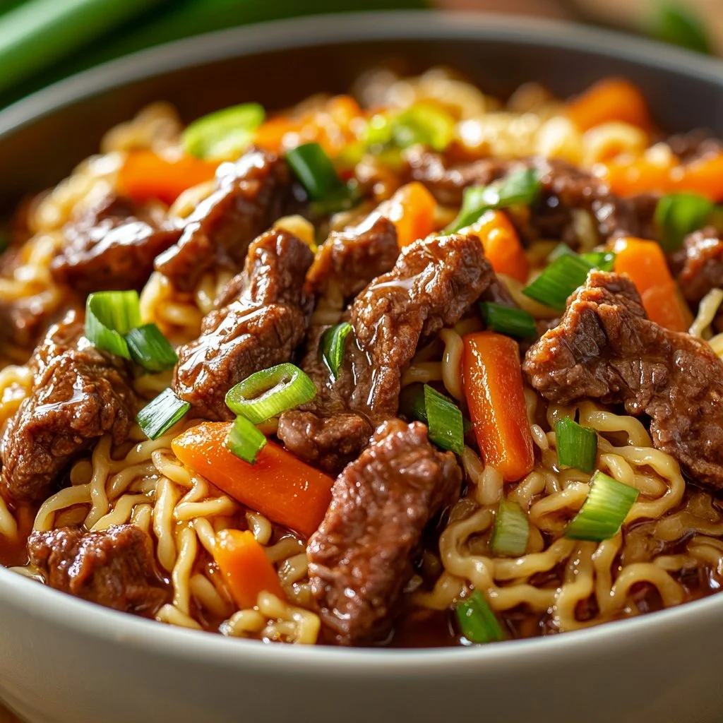 Delicious slow cooker beef ramen noodles in a cozy bowl