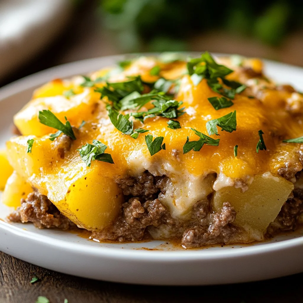 Slow Cooker Cowboy Potato Casserole served in a rustic dish