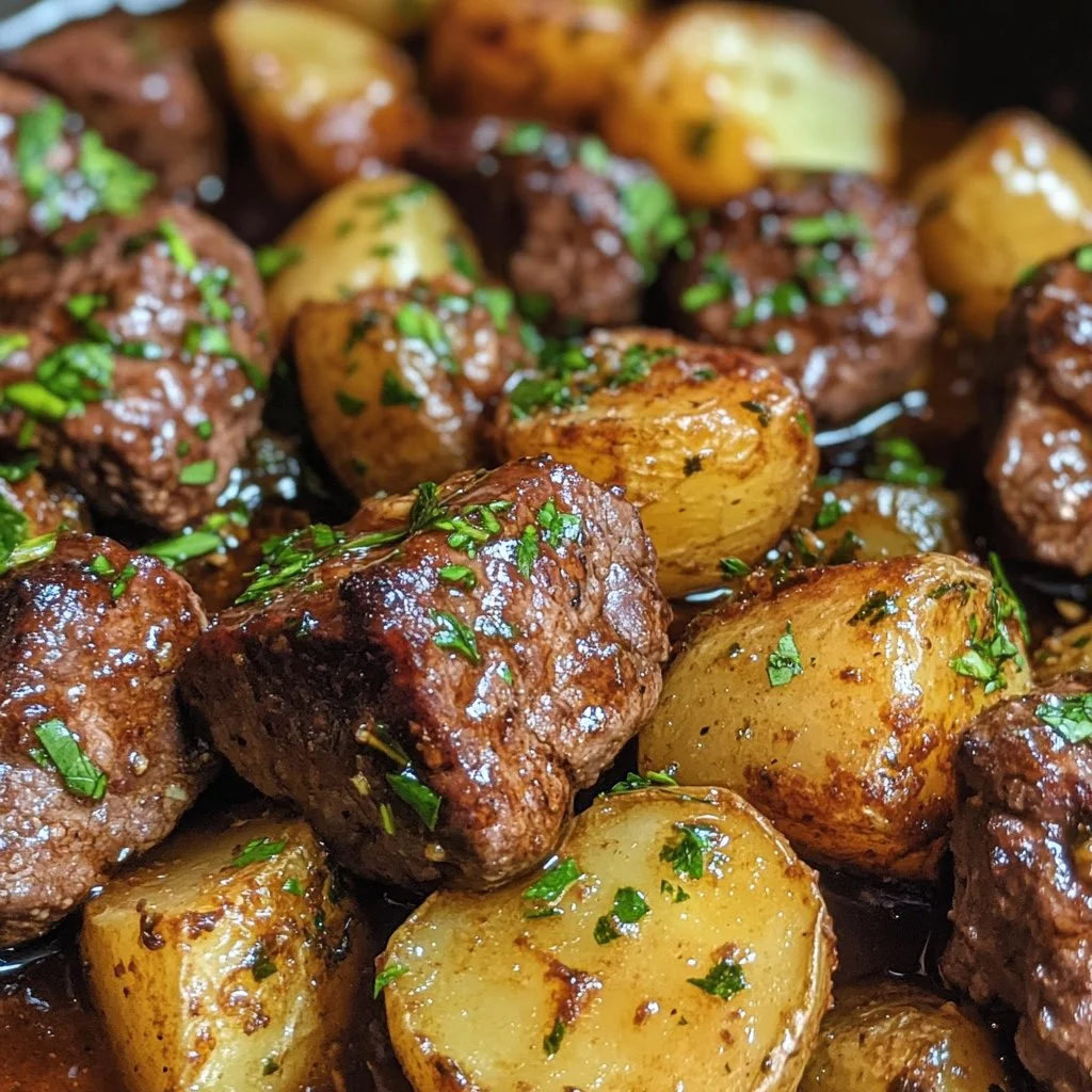 Slow cooker garlic butter beef bites served with tender potatoes