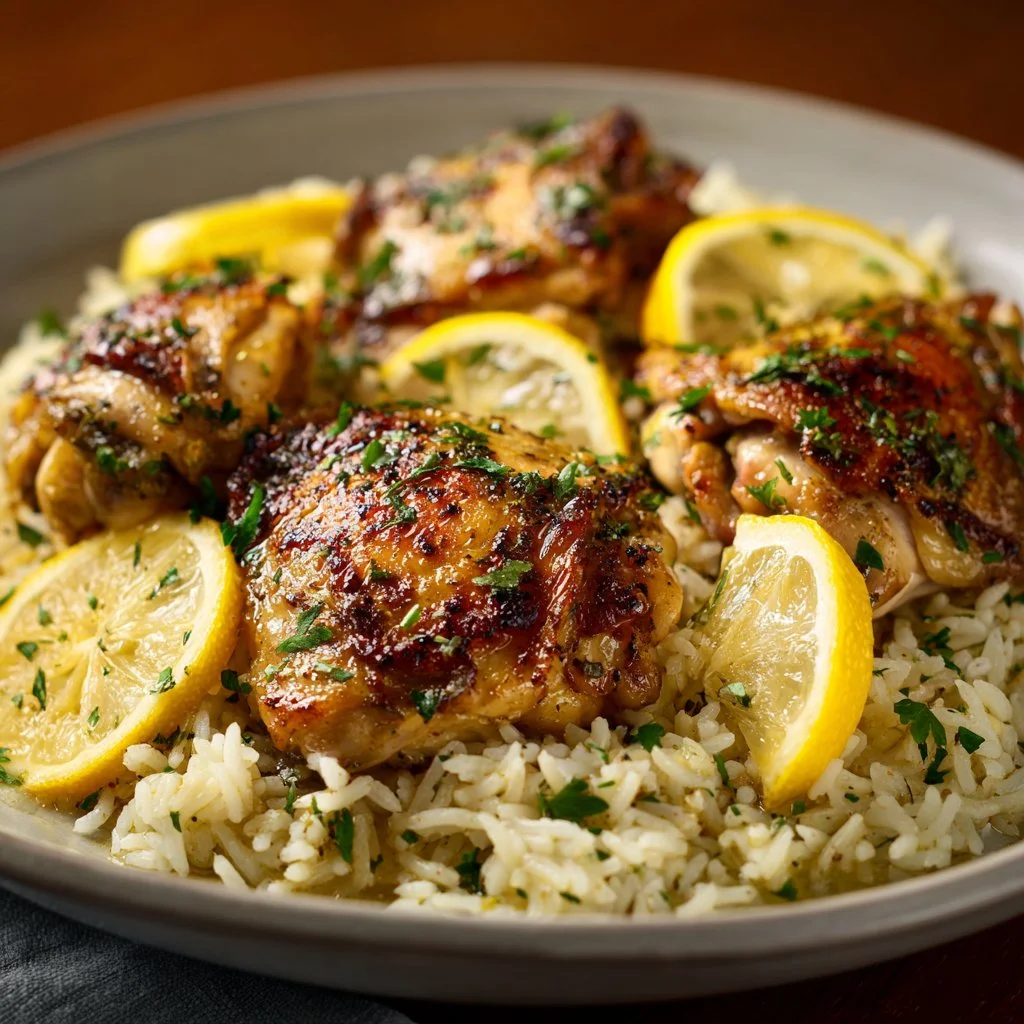Slow Cooker Lemon Herb Chicken served with fluffy rice on a plate