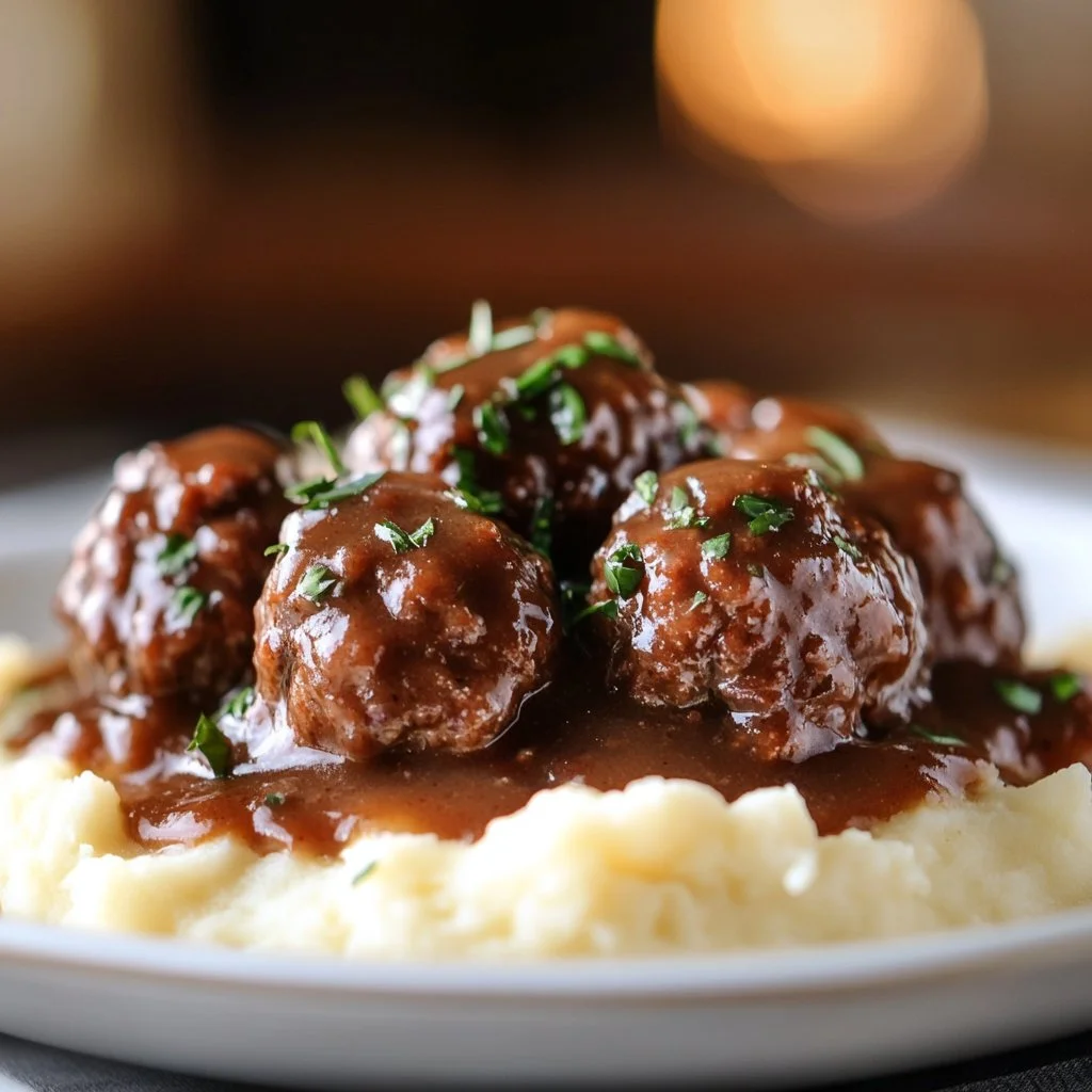 Slow Cooker Salisbury Steak Meatballs served with gravy and mashed potatoes.