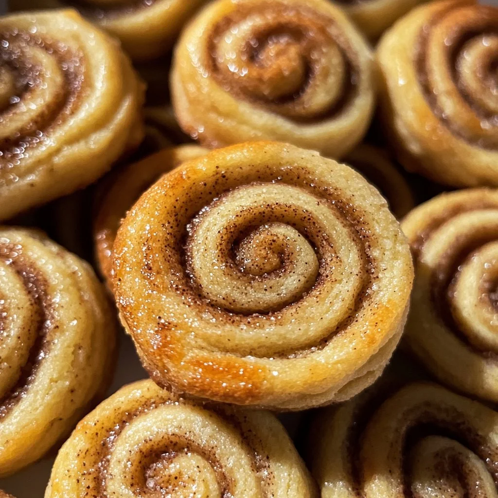 Soft and chewy cinnamon roll sugar cookies stacked on a plate.