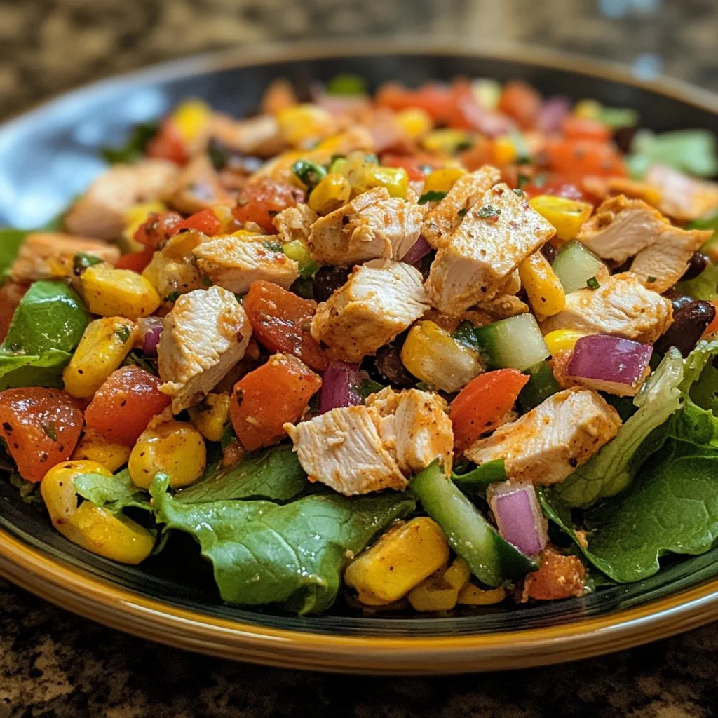 Colorful Southwest Chicken Salad with grilled chicken, vegetables, and dressing