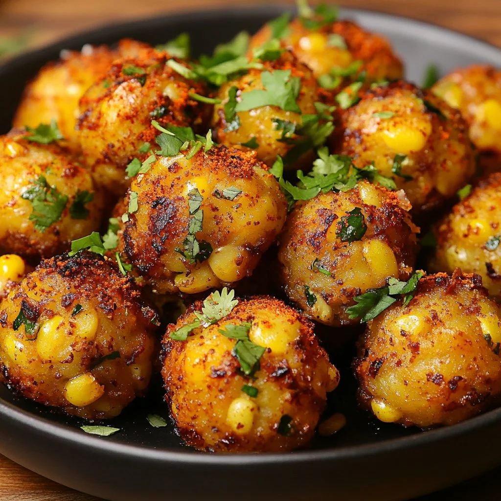 Spicy Mexican corn bites served on a plate with fresh ingredients.
