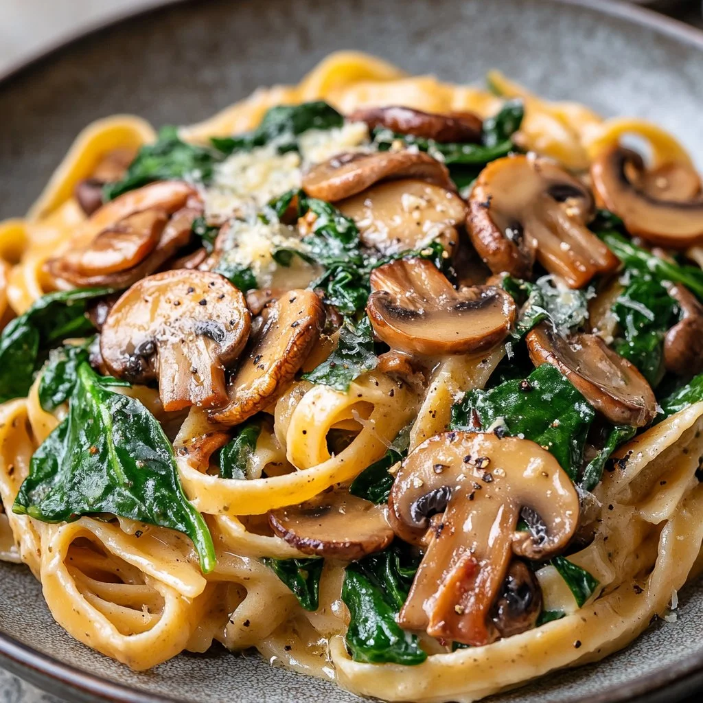 Delicious Spinach Mushroom Pasta topped with fresh herbs and parmesan cheese