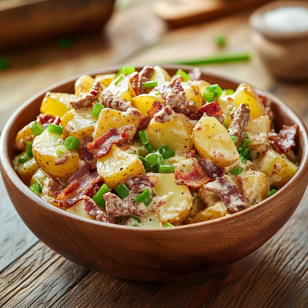 Delicious steakhouse potato salad topped with herbs and spices