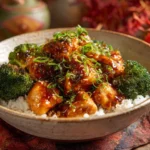 Delicious sticky chicken rice bowls topped with fresh herbs and vegetables