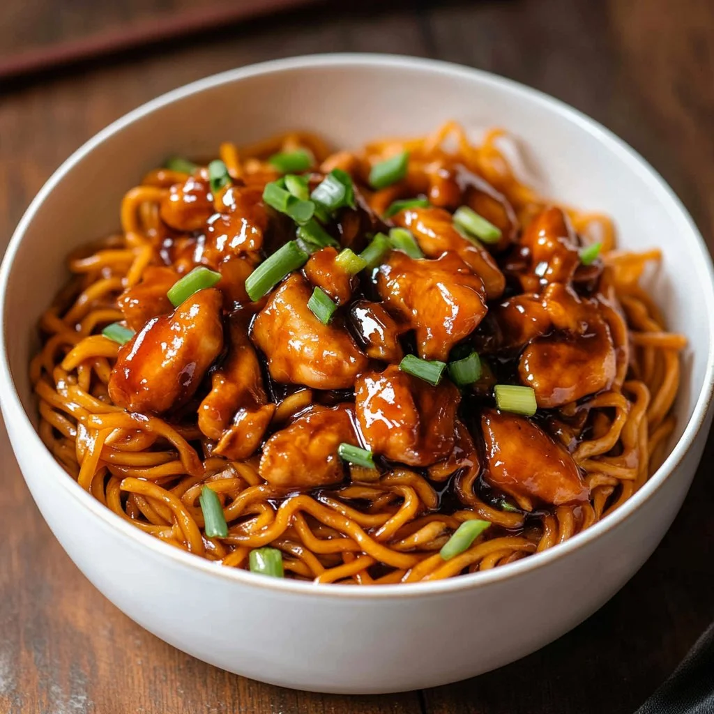 A delicious plate of sticky garlic chicken noodles garnished with green herbs.