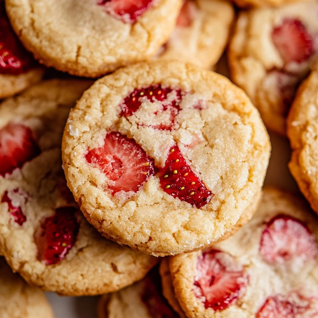 Homemade strawberry cheesecake cookies with fresh strawberries and creamy filling.
