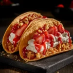 Strawberry Crunch Cheesecake Tacos topped with fresh strawberries and crunch