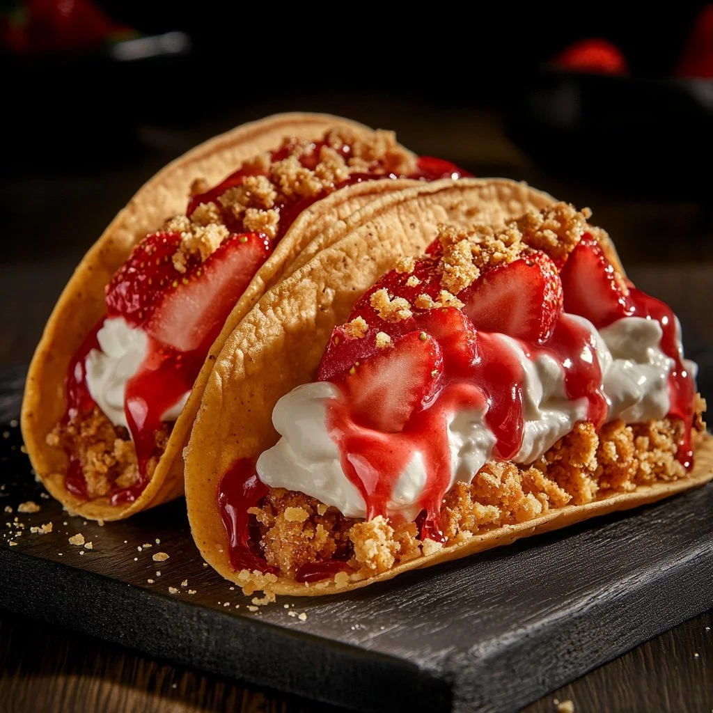 Strawberry Crunch Cheesecake Tacos topped with fresh strawberries and crunch