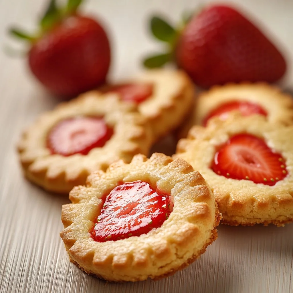 Delicious strawberry shortcake cookies topped with fresh strawberries and whipped cream.