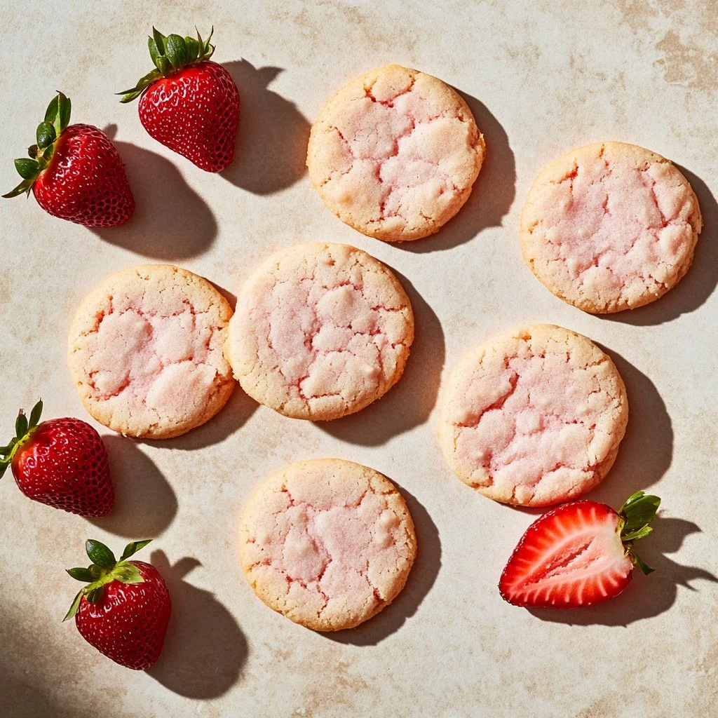 Plate of freshly baked strawberry sugar cookies with pink icing