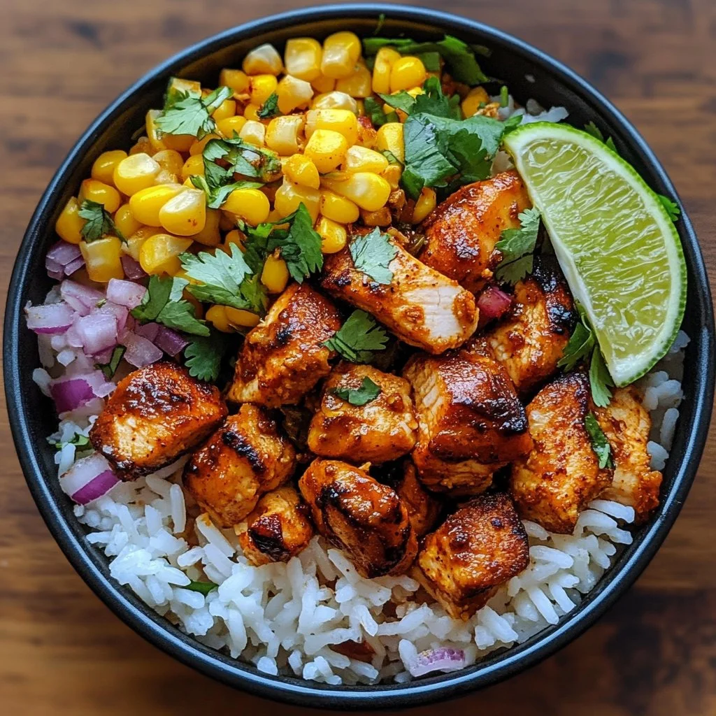 Street Corn Chicken Rice Bowl with grilled chicken, corn, and rice mixture
