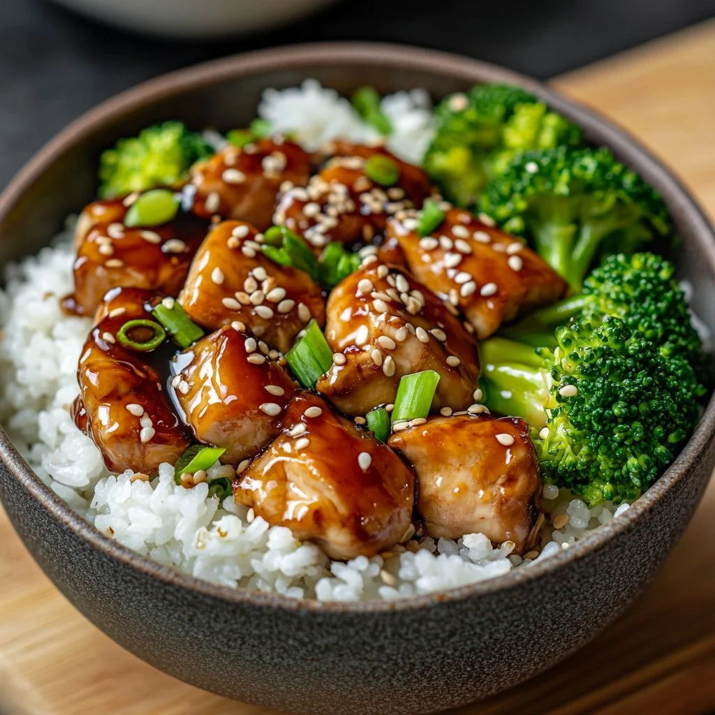 Delicious Teriyaki Chicken Rice Bowl garnished with green onions and sesame seeds