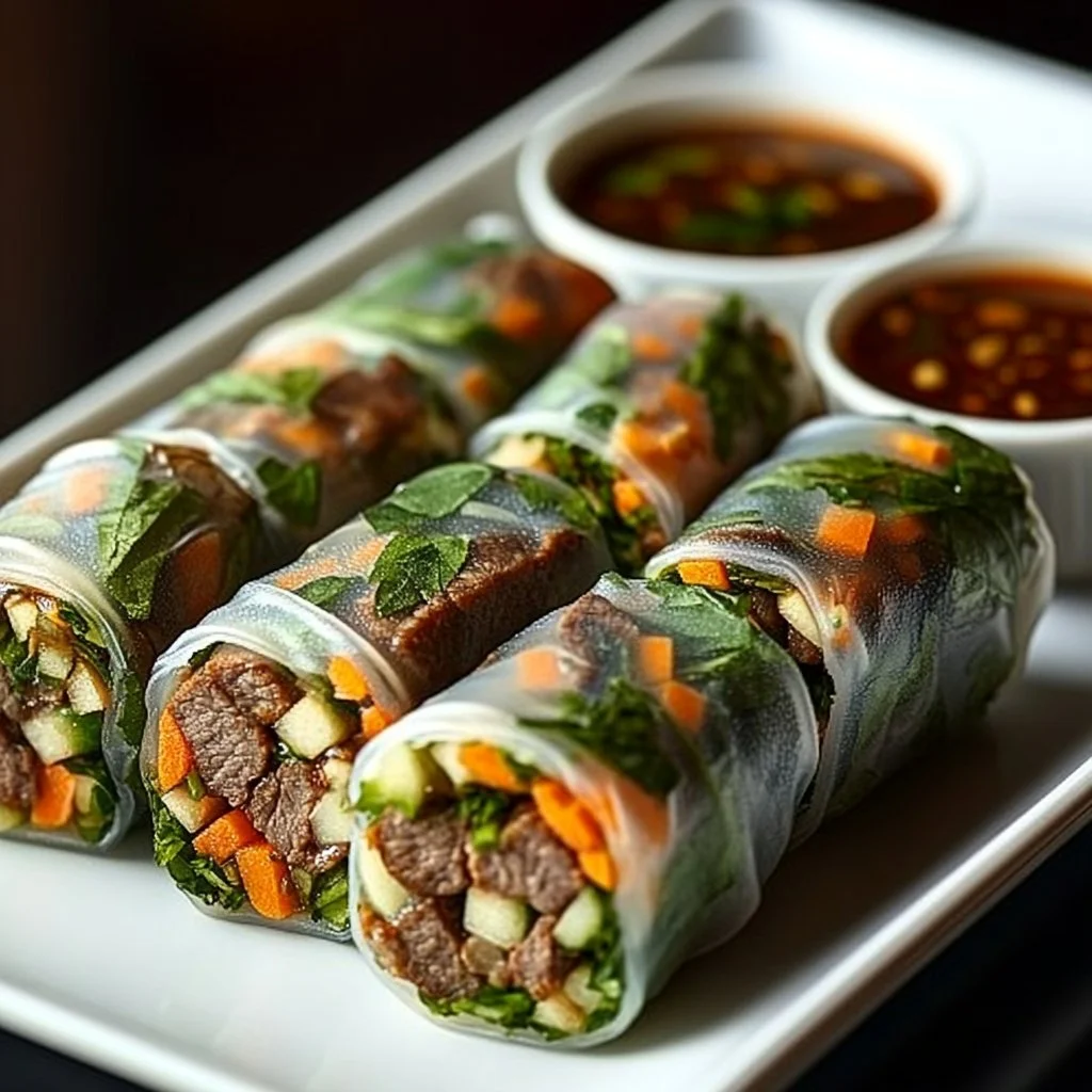 Thai Basil Beef Rolls served on a plate with vibrant colors and fresh ingredients.