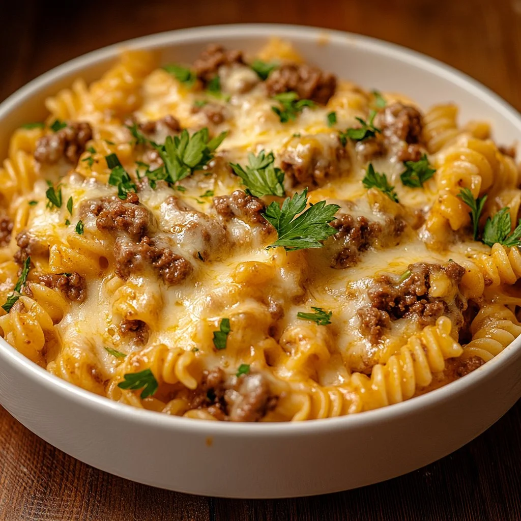 Ultimate Loaded Cheeseburger Alfredo Pasta topped with cheese and bacon