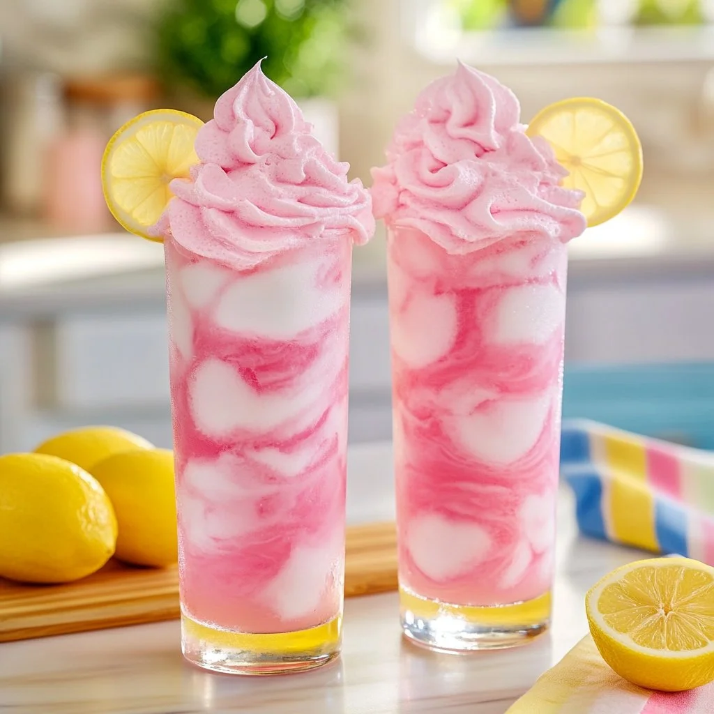 Delicious whipped pink lemonade in a glass topped with whipped cream and lemon slices.