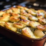 Delicious White Bean and Pesto Bake served in a casserole dish