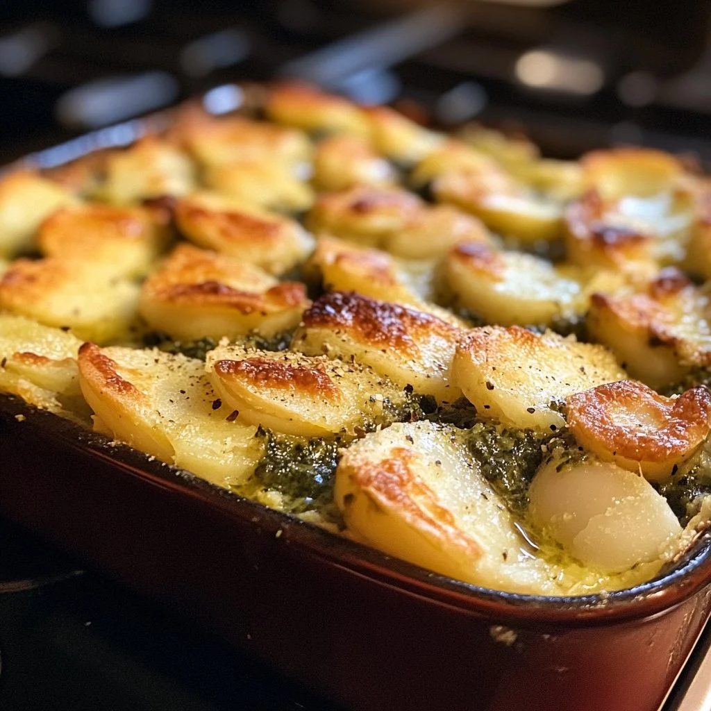 Delicious White Bean and Pesto Bake served in a casserole dish