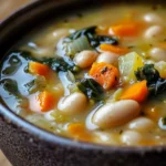 Bowl of homemade white bean soup topped with herbs and spices