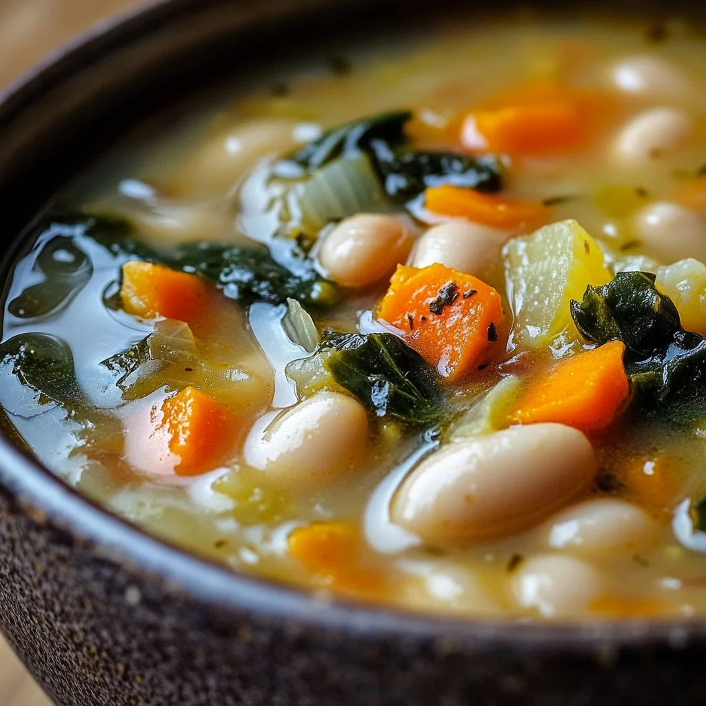 Bowl of homemade white bean soup topped with herbs and spices