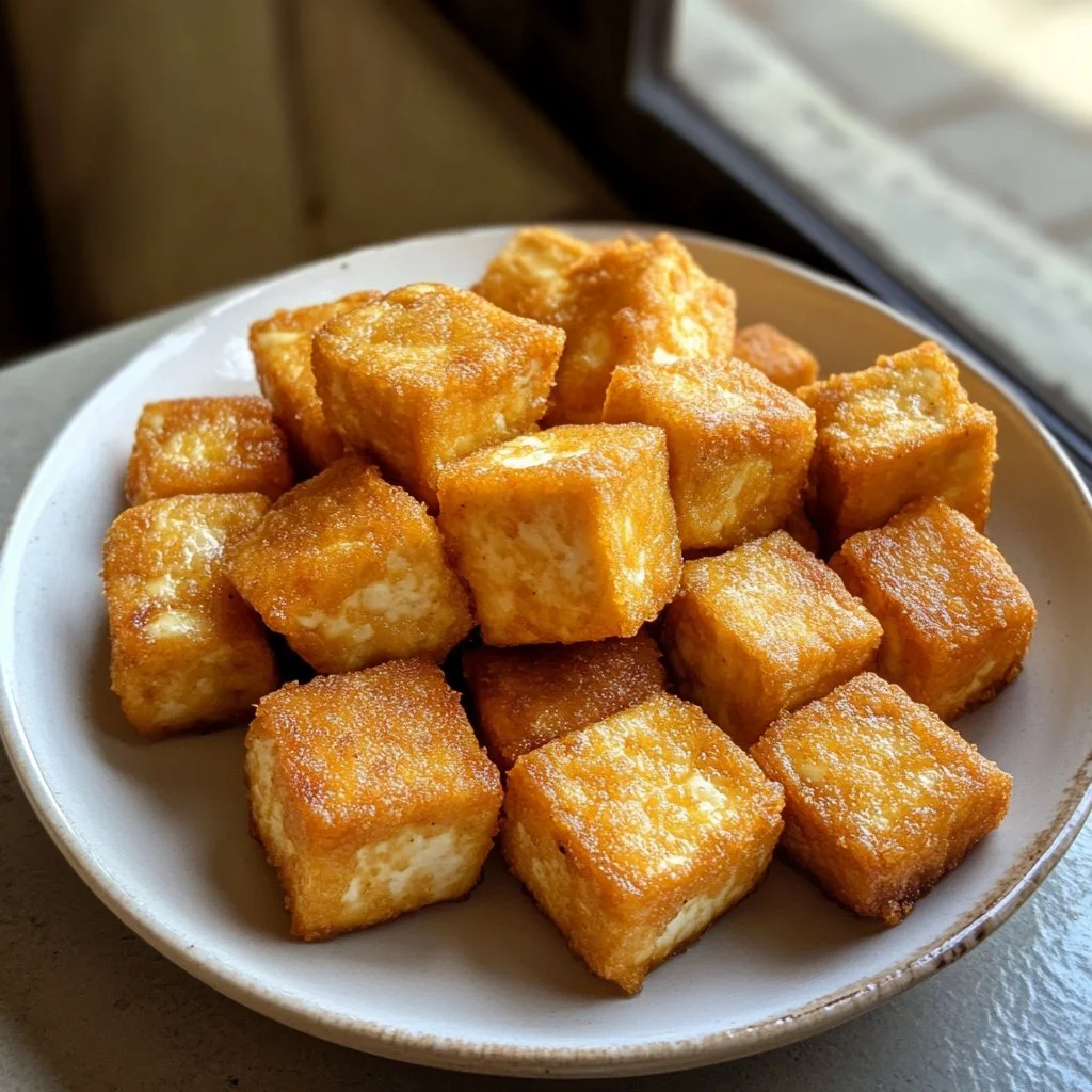 Plate of golden brown air fryer crispy tofu served with dipping sauce